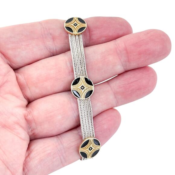 Vintage Sterling Silver 925 Multi-Strand Black Enamel Medallion Bracelet 7" - Picture 1 of 8